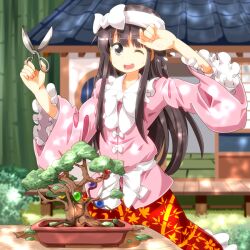  black_eyes bonsai branch brown_hair commentary_request dress female headband houraisan_kaguya jeweled_branch_of_hourai long_hair one_eye_closed ruu_(tksymkw) scissors shears skirt solo sweat touhou wiping_forehead 