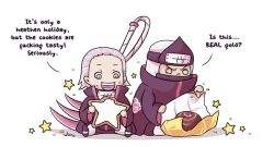  adorably_cute chibi chocolate christmas cookies deviantart duo eating food gray_hair green_eyes hidan kakuzu male mask naruto pink_eyes short_hair sitting star_(symbol) sweets wrappers 