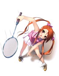  absurdres badminton badminton_racket blush brown_hair female happy highres kantoku long_hair motion_blur motion_lines original racket red_eyes scan scan_artifacts skirt solo twintails 