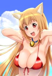  :d animal_ears armpits asobi_ni_iku_yo! bell bikini breasts brown_hair cat_ears cleavage collar commentary_request eris_(asobi_ni_iku_yo!) female front-tie_top large_breasts long_hair neck_bell open_mouth red_bikini red_eyes smile solo strap_lift swimsuit ueyama_michirou 