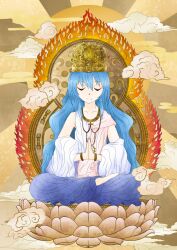  adapted_costume bad_id bad_pixiv_id barefoot blue_hair buddhism closed_eyes cloud crown female hinanawi_tenshi long_hair lotus_pedestal lotus_position meditation palms_together pandora-ex sitting solo touhou very_long_hair 