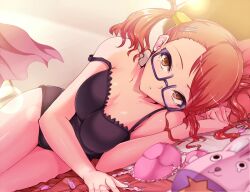  anjou_naruko ano_hi_mita_hana_no_namae_wo_bokutachi_wa_mada_shiranai. bed breasts brown_eyes brown_hair cleavage female glasses hair_ornament hairclip kasai_shin large_breasts lens_flare lying on_side solo strap_slip 