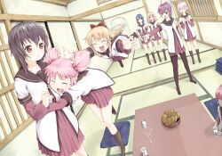  6+girls :d ^_^ akaza_akari bad_id bad_pixiv_id black_hair black_pantyhose black_socks blonde_hair blood blue_hair blush bow brown_eyes closed_eyes commentary_request dress everyone funami_yui furutani_himawari glomp hairbow hug ikeda_chitose imminent_hug layered_sleeves light_purple_hair long_hair long_sleeves multiple_girls nanamori_school_uniform nosebleed oomuro_sakurako open_mouth pantyhose perspective pink_hair ponytail purple_hair sailor_dress school_uniform serafuku short_hair short_over_long_sleeves short_sleeves short_twintails shouin smile socks spill sugiura_ayano toshinou_kyouko twintails yoshikawa_chinatsu yuru_yuri 