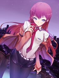  belt black_pantyhose black_shorts blue_eyes blush brown_hair can cityscape dr_pepper drink_can female jacket kasai_shin long_hair makise_kurisu necktie night night_sky pantyhose pantyhose_under_shorts red_necktie short_shorts shorts sky soda soda_can solo star_(sky) steins;gate unmoving_pattern 