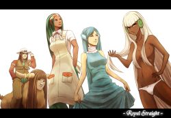  1boy 3girls alternate_hairstyle apron bad_id bad_pixiv_id blue_hair bouffalant breasts brown_eyes buffalo chaps clay_(pokemon) closed_eyes curtsey dark-skinned_female dark_skin frown green_hair groin hair_down hair_over_breasts hairband hand_on_own_hip hands_in_pockets hat horns lenora_(pokemon) letterboxed long_hair medium_breasts multiple_girls navel necktie nikawa_99-do panties personification pokemon ribbon riding shirt simipour size_difference smile topless underwear very_dark_skin very_long_hair waistcoat whimsicott white_hair 