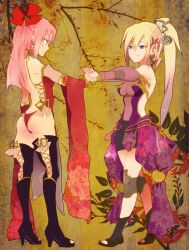  2girls ass blonde_hair blue_eyes boots breasts cleavage green_eyes high_heels highres ino_yamanaka multiple_girls naruto pink_hair sakura_haruno see-through shoes thigh_boots thighhighs yokige 