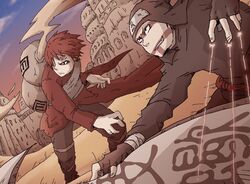  2boys brothers fight fighting gaara kankuro lowres multiple_boys naruto red_hair sand scroll siblings tattoo ynz-123009 