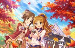  2girls autumn blonde_hair blush brown_hair green-eeys hino_akane idolmaster idolmaster_cinderella-girls_starlight_stage idolmaster_cinderella_girls jacket long_hair multiple_girls sky smile takamori_aiko 