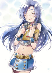  belt blue_hair closed_eyes commentary_request crying female idolmaster idolmaster_(classic) kisaragi_chihaya microphone midriff miffy miffy_(character) navel reika_(clovia_studio) skirt solo tears 