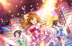  3girls blonde_hair blush concert dress green_eeys group happy hino_akane idolmaster idolmaster_cinderella_girls idolmaster_cinderella_girls_starlight_stage long_hair multiple_girls wink 