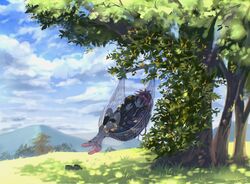  2boys aonik bangs black_footwear black_hair black_legwear bug butterfly closed_eyes cloud cloudy_sky dappled_sunlight fudou_yukimitsu grass hair_ornament hammock highres hill hood hoodie insects multiple_boys otoko_no_ko pink_footwear ponytail purple_hair sidelocks sky sleeping sleeping_on_person sunlight touken_ranbu tree tree_shade white_legwear yagen_toushirou 