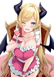  alternate_costume apron arm_strap black_horns blonde_hair blue_eyes blush box breasts cleavage collarbone commentary cowboy_shot demon_girl demon_horns demon_wings female frilled_apron frills happy_birthday heart-shaped_box heart_apron holding holding_box hololive horn_ornament horn_ring horns kosuke_(bb) large_breasts long_hair looking_at_viewer naked_apron one_eye_closed open_mouth parted_bangs pink_apron pointy_ears simple_background sitting smile solo swept_bangs throne very_long_hair virtual_youtuber white_background wings wrist_cuffs yuzuki_choco 