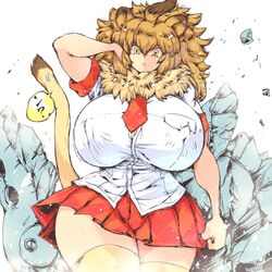  1:1 ahoge animal_humanoid big_breasts bottomwear breasts brown_hair clothed clothing dipstick_tail felid felid_humanoid female fur_collar hair hataraki_ari hi_res huge_breasts humanoid kemono_friends legwear lion_(kemono_friends) lion_humanoid mammal mammal_humanoid mane markings multicolored_tail necktie nipple_outline pantherine pantherine_humanoid shirt skirt solo tail tail_markings thigh_highs topwear yellow_eyes 