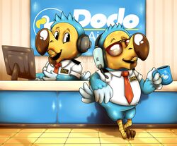  2020 airport animal_crossing anthro avian beak bird blue_hair blue_tail blush brown_beak claws clothed clothing columbid computer container cup dodo duo electronics english_text extinct eyewear feathers featureless_crotch hair happy headgear headphones hi_res holding_container holding_cup holding_object inside logo looking_aside looking_away male mug multicolored_body multicolored_feathers necktie nintendo open_mouth orville_(animal_crossing) pose recently_extinct_species shirt short_hair sitting slightly_chubby slightly_chubby_male smile standing sunglasses tail tail_feathers text toony topwear two_tone_body two_tone_feathers two_tone_tail uniform wilbur_(animal_crossing) xonuq yellow_beak yellow_body 