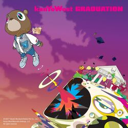  1:1 2007 album_cover anthro bear bottomwear breasts brown_body cheerleader cheerleader_outfit clothing cover domestic_pig dropout_bear english_text female graduation_(album) graduation_cap group hi_res jacket jewelry kanye_west lagomorph leporid letterman_jacket male mammal midair necklace official_art pom_poms rabbit skirt smile suid suina superflat surreal sus_(pig) takashi_murakami text topwear 