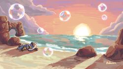  advos beach bubble cloud commentary english_commentary family_guy_death_pose_(meme) furry highres lying meme ocean on_side outdoors pokemon pokemon_(creature) pokemon_mystery_dungeon pokemon_mystery_dungeon:_explorers_of_time/darkness/sky riolu rock sand shadow signature solo sun sunset tail 