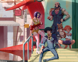  bad_neck barefoot beard breasts cigarette collar cowboy_bebop dark-skinned_female dark_skin edward_wong_hau_pepelu_tivrusky_iv ein_(cowboy_bebop) facial_hair faye_valentine green_eyes hairband highres jet_black legs navel orange_hair prosthesis prosthetic_arm purple_hair scar scar_across_eye science_fiction sitting sitting_on_stairs smoking spike_spiegel stairs swordfish_ii white_footwear whoareuu yellow_hairband 