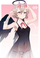  absurdres armpits arms_up bandages bare_arms bare_shoulders black_dress blue_eyes bow bowtie breasts cowboy_shot detached_collar dress female grey_hair groin hair_between_eyes halo highres horns navel neck_ribbon original panties photoshop_(medium) pink_bow pink_bowtie pink_ribbon pointy_ears ribbon saw272 see-through short_hair small_breasts solo spaghetti_strap standing stomach underwear white_panties wings 