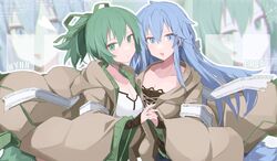  2girls blue_eyes blue_hair breasts brown_robe character_name cleavage duel_monster eria_(yu-gi-oh!) familiar-possessed_-_eria familiar-possessed_-_wynn green_eyes green_hair highres holding_hands long_hair long_sleeves multiple_girls open_mouth robe sakuragi_raia wide_sleeves wynn_(yu-gi-oh!) yu-gi-oh! 