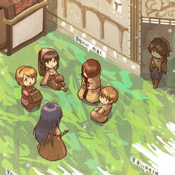  3boys 3girls acolyte_(ragnarok_online) archer_(ragnarok_online) armeyer_dinze bag bandana bergamot_honda blonde_hair blue_shorts boots bow bow_(weapon) bow_bra bra brown_cape brown_capelet brown_dress brown_footwear brown_gloves brown_hair brown_headwear brown_jacket brown_pants brown_shirt brown_shorts cape capelet cassock closed_mouth commentary_request day dress egnigem_cenia errende_ebecee from_above full_body gloves hair_between_eyes hair_over_one_eye hairband holding holding_bow_(weapon) holding_weapon in-universe_location jacket kavach_icarus laurell_weinder long_hair long_sleeves looking_at_another mage_(ragnarok_online) merchant_(ragnarok_online) multiple_boys multiple_girls muneate open_mouth outdoors pants ponytail purple_hair ragnarok_online red_bow red_dress red_hair red_hairband shirt short_hair shorts shrug_(clothing) sitting smile swordsman_(ragnarok_online) thief_(ragnarok_online) translation_request underwear walking weapon white_bra wickebine_tres 