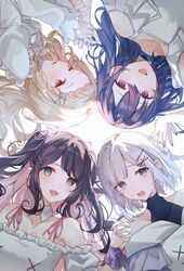  4girls aqua_eyes bare_shoulders black_hair blonde_hair blue_choker blue_nails blunt_bangs braid choker collarbone colored_inner_hair detached_collar detached_sleeves dress everyone fingernails frilled_dress frills grey_hair hair_between_eyes hair_ornament hairclip halterneck highres hikari_yui ichinose_uruha kaga_nazuna kaga_sumire kogara_toto long_hair looking_at_viewer lupinus_virtual_games multicolored_hair multiple_girls off-shoulder_dress off_shoulder parted_bangs pink_hair purple_eyes red_eyes scrunchie short_hair siblings smile swept_bangs teeth turtleneck twins upper_teeth_only virtual_youtuber vspo! white_dress x_hair_ornament 