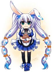  absurdly_long_hair animal_ears aqua_eyes artist_self-insert bow breasts cleavage commentary_request dress female full_body konshin konshin_(character) long_hair multi-tied_hair original pixiv-tan rabbit_ears small_breasts smile solo thighhighs very_long_hair white_hair 