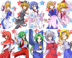  6+girls alice_margatroid alice_margatroid_(pc-98) ascot bare_shoulders black_legwear blonde_hair blue_hair book bow breasts capelet commentary_request elbow_gloves gengetsu_(touhou) gloves green_hair hair_bobbles hair_ornament hairbow hat hemogurobin_a1c kana_anaberal kazami_yuuka kazami_yuuka_(pc-98) large_breasts light_purple_hair long_hair mai_(touhou) maid_headdress mima_(touhou) mugetsu_(touhou) multiple_girls oerba_yun_fang okazaki_yumemi pantyhose pointy_ears red_bow red_hair shinki_(touhou) short_hair thighhighs torn_clothes touhou touhou_(pc-98) umbrella white_legwear wings wizard_hat yuki_(touhou) 