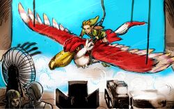  2boys bad_id bad_pixiv_id bird blonde_hair blue_eyes camera commentary_request earrings electric_fan female ghirahim gloves hand_fan hat jewelry link loftwing multiple_boys pointy_ears princess_zelda shield shield_on_back smile the_legend_of_zelda the_legend_of_zelda:_skyward_sword white_hair yumeshima_sui 