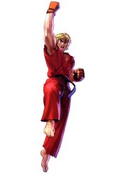  1boy armpits barefoot blonde_hair dougi fingerless_gloves gloves kawano_takuji ken_masters male_focus muscular namco_x_capcom official_art shouryuuken solo street_fighter uppercut 