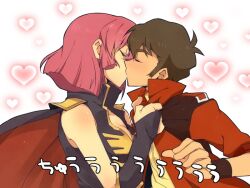  1boy blush breasts bridal_gauntlets brown_hair cape cleavage closed_eyes clothes_grab commentary_request couple female full-face_blush gundam gundam_zz haman_karn heart heart_background jacket jacket_grab judau_ashta kissing large_breasts pink_hair short_hair straight ufuto 