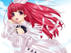  bad_id bad_pixiv_id benimaru bow center_frills deathsmiles dress feathers female frilled_dress frills hair_ribbon long_hair photoshop_(medium) red_eyes red_hair ribbon smile solo white_dress windia_(deathsmiles) 