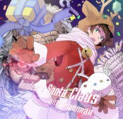  1boy :o animal_hat antlers beard bell coat commentary_request confetti facial_hair female gift gloves glowing glowing_eyes green_eyes hat horns jingle_bell old old_man original red_eyes santa_claus scar snowman stregoicavar thighhighs white_hair zettai_ryouiki zipper 