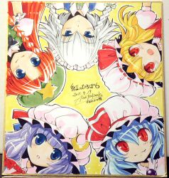  5girls circle_formation commentary_request dated flandre_scarlet hat hong_meiling izayoi_sakuya marker_(medium) multiple_girls no_nose patchouli_knowledge photo_(medium) remilia_scarlet shikishi signature touhou traditional_media tsukasaki_aoi upside-down 