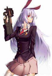  animal_ears bad_id bad_pixiv_id bullpup crescent female gun highres jacket long_hair necktie p90 purple_hair rabbit_ears red_eyes red_necktie reisen_udongein_inaba rifle scottie_(phantom2) shirt skirt solo submachine_gun thighhighs touhou weapon white_thighhighs zettai_ryouiki 