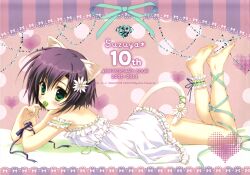  animal_ears ankle_garter ankle_ribbon barefoot blush cat_ears dress feet female flower green_eyes highres kasuga_(ryohka) leg_ribbon legs lying on_stomach original purple_hair ribbon ryouka_(suzuya) short_hair solo tail 