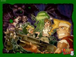  2girls 4boys alien assault_rifle baseball_cap blonde_hair brown_hair chibi clark_still crop_top energy_gun everyone fio_germi grenade_launcher gun handgun hat highres invader_(metal_slug) invader_queen_(metal_slug) kasamoto_eri marco_rossi mars_people metal_slug metal_slug_6 multiple_boys multiple_girls muscular official_art official_wallpaper ralf_jones ray_gun revolver rifle sea_worm_(metal_slug) senno_aki snk sunglasses sv001_(metal_slug) tarma_roving underbarrel_grenade_launcher weapon 