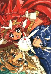  1990s_(style) 3girls blue_cape blue_eyes blue_hair blue_hairband brown_hair cape circle_formation creature gloves green_cape green_eyes group_picture hairband headgear hououji_fuu ishida_atsuko long_hair magic_knight_rayearth mokona multiple_girls official_alternate_costume official_art red_cape red_eyes red_hair retro_artstyle ryuuzaki_umi scan shidou_hikaru short_hair smile 