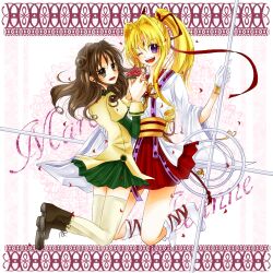  2girls ;d blonde_hair boots brown_eyes brown_hair commentary_request doughnut_hair_bun dress dual_persona flower full_body hair_bun hair_intakes happy high_ponytail kaitou_jeanne kamikaze_kaitou_jeanne kusakabe_maron long_hair multiple_girls one_eye_closed open_mouth ponytail purple_eyes sakesakana shoes smile thighhighs yellow_legwear zettai_ryouiki 