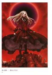  absurdres alter_servant artbook aura boots breasts cleavage corpse dark_persona deep_wound dress fate/zero fate_(series) female floating_hair frills grail_beast great_grail high-low_skirt highres injury irisviel_von_einzbern layered_sleeves long_dress long_hair page_number petticoat red_eyes red_sky red_theme ribs scan skeleton skull sky solo spoilers sumita_kazuasa thigh_boots thighhighs white_hair 