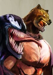  2boys animal_head commentary_request crossover grey_background jaguar king_(tekken) kusolili long_tongue male_focus marvel mask multiple_boys muscular sharp_teeth spider-man_(series) teeth tekken tongue topless_male venom_(marvel) 