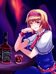  alcohol alice_margatroid blonde_hair bottle breasts capelet commentary_request dress earrings female frills glass hairband highres jack_daniel&#039;s jewelry looking_at_viewer product_placement sekitaku small_breasts smile solo touhou whiskey wrist_cuffs yellow_eyes 