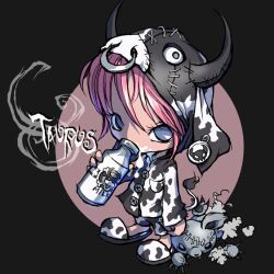  blue_eyes bottle bovine costume drinking horns lolicon milk personification pink_hair scar stitches stuffed_animal stuffed_toy taurus ume_(illegal_bible) zodiac 