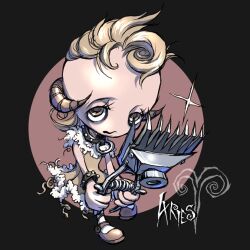  aries balding blonde_hair bracelet brown_eyes character_name chaven collar collar_ring comb dress female fleecing hair_trimmer horns jewelry personification sad shaven shearing short_dress simple_background trimmer ume_(illegal_bible) zodiac 