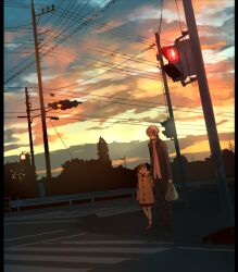  1boy ayaka0415 bag brown_hair cloud coat commentary_request cousins crosswalk doujima_nanako dusk dutch_angle evening female gakuran grey_hair guard_rail holding_hands intersection lolicon narukami_yuu open_mouth outdoors persona persona_4 plastic_bag power_lines road scenery school_uniform short_hair sky smile street sunset traffic_barrier traffic_light tree 