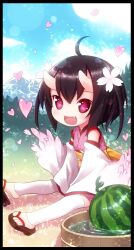  :d cherry_blossoms commentary_request detached_sleeves female food fruit heart horns japanese_clothes kiira kimono kohinomoto mountain oerba_yun_fang oni oni_horns open_mouth original petals photoshop_(medium) pink_kimono red_eyes sandals single_horn smile solo thighhighs watermelon white_thighhighs 