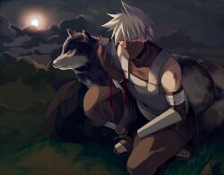  1boy canine crouch half_mask hatake_kakashi heterochromia kireme male male_focus mask naruto ninja sandals solo squatting white_hair 