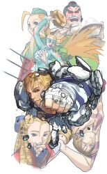  3girls 4boys ahoge bengus blanka cammy_white cody_travers edmond_honda garrison_cap hat highres huge_ahoge kanzuki_karin multiple_boys multiple_girls official_art photoshop_(medium) prison_clothes punching rainbow_mika ringlets street_fighter street_fighter_zero_(series) vega_(street_fighter) 