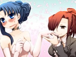  2girls alternate_hairstyle aozaki_touko bad_id bad_pixiv_id bare_shoulders black_hair blue_eyes blush choker dress elbow_gloves formal gloves hair_ornament hair_up hairclip kamehima kara_no_kyoukai kokutou_azaka long_hair multiple_girls open_mouth photoshop_(medium) red_eyes red_hair suit sweatdrop wavy_mouth wedding_dress wife_and_wife yuri 