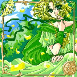  blonde_hair cape choker clamp_(circle)_(style) dress female flower green_eyes green_theme green_wrist_cuffs hououji_fuu lowres magic_knight_rayearth oekaki official_style pentagram petals seiga_mitsuki short_hair smile solo 