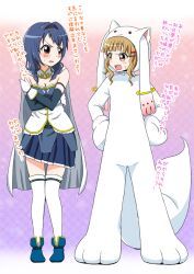  2girls 7001 angry arguing blonde_hair blue_hair blush braid cape commentary_request cosplay furutani_himawari gloves hair_ornament hairband hairclip hand_on_own_hip hands_on_own_hips katou_emiri kyubey_(cosplay) kyuubee mahou_shoujo_madoka_magica mahou_shoujo_madoka_magica_(anime) miki_sayaka miki_sayaka_(cosplay) miki_sayaka_(magical_girl) multiple_girls oomuro_sakurako open_mouth shoes thighhighs translated tsundere twin_braids voice_actor_connection white_legwear yuru_yuri zettai_ryouiki 